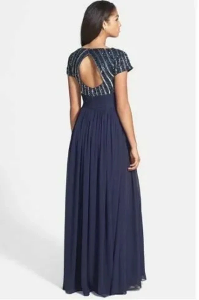 JS COLLECTIONS Navy Silver Beaded Sequin Embellished Chiffon Maxi Empire Gown 2 - Image 4 of 4