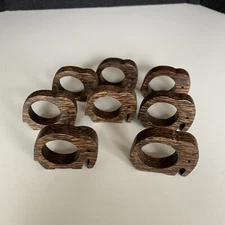 8 Wooden Elephant Napkin Rings Dark striped wood primitive style carving