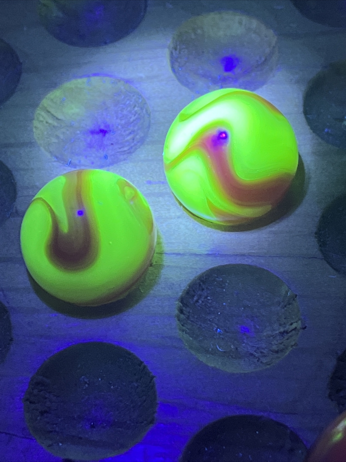 2 Akro Agate Marbles Glass Old Vintage Lot Unique Uranium Glow VG NM 5/