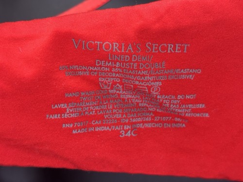 Victoria Secret Lined Demi Bra 34C Rhinestones Red Satin Underwire Adjustable - Picture 5 of 6
