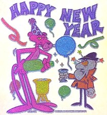 Original Vintage Pink Panther Happy New Year Glitter Iron On Transfer