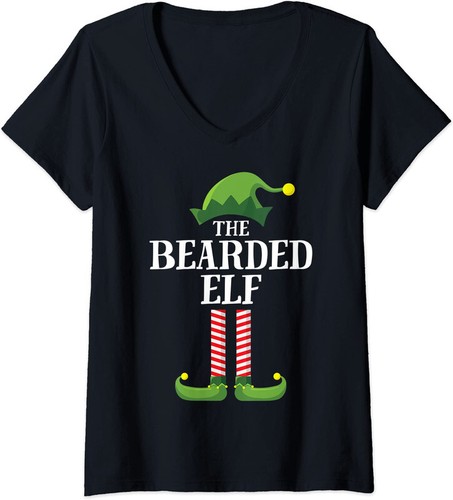 Damen-T-Shirt Bearded Elf passende Familie Gruppe Weihnachten Party Elfe V-Ausschnitt - Bild 1 von 3