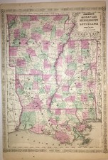 Original 1864 Arkansas,Mississippi,Louisiana Map,Johnson?s Old Antique AR MS LS