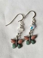 Pink  Blue Enameled Butterflies  Sterling Silver Drop / Dangle Earrings