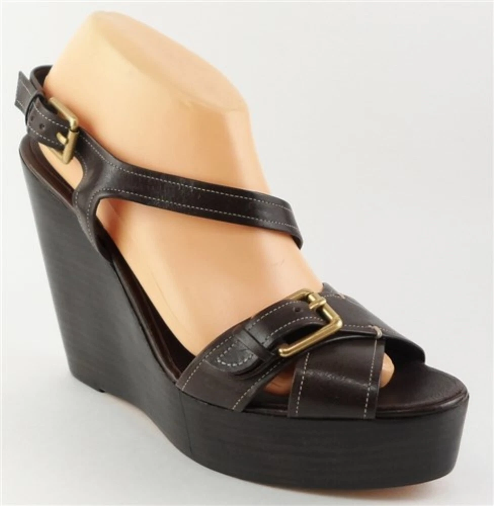 225 BCBG MAX AZRIA FRONDA Mahogany Leather Designer Sandal Wedges 10 EUR 40