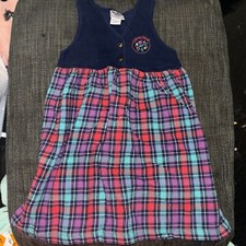 Vintage Oshkosh Plaid Flannel Dress Size 4T Blue Embroidered Jumper USA