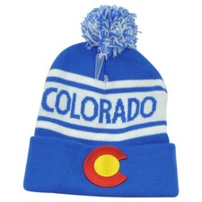 Colorado State Logo USA Pom Pom Blue White Cuffed Adults Knit Beanie Hat Winter