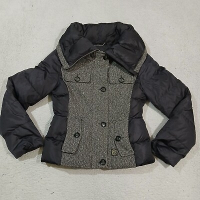 Max Mara Weekend Jacket Womens 4 Gray Black Puffer Houndstooth Wool Blend Lined