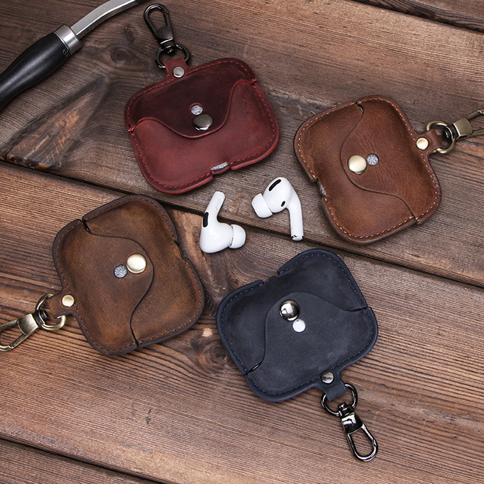 For Apple AirPods Pro Case Crazy Horse Leather Hook Portable Anti-Drop Cover-image