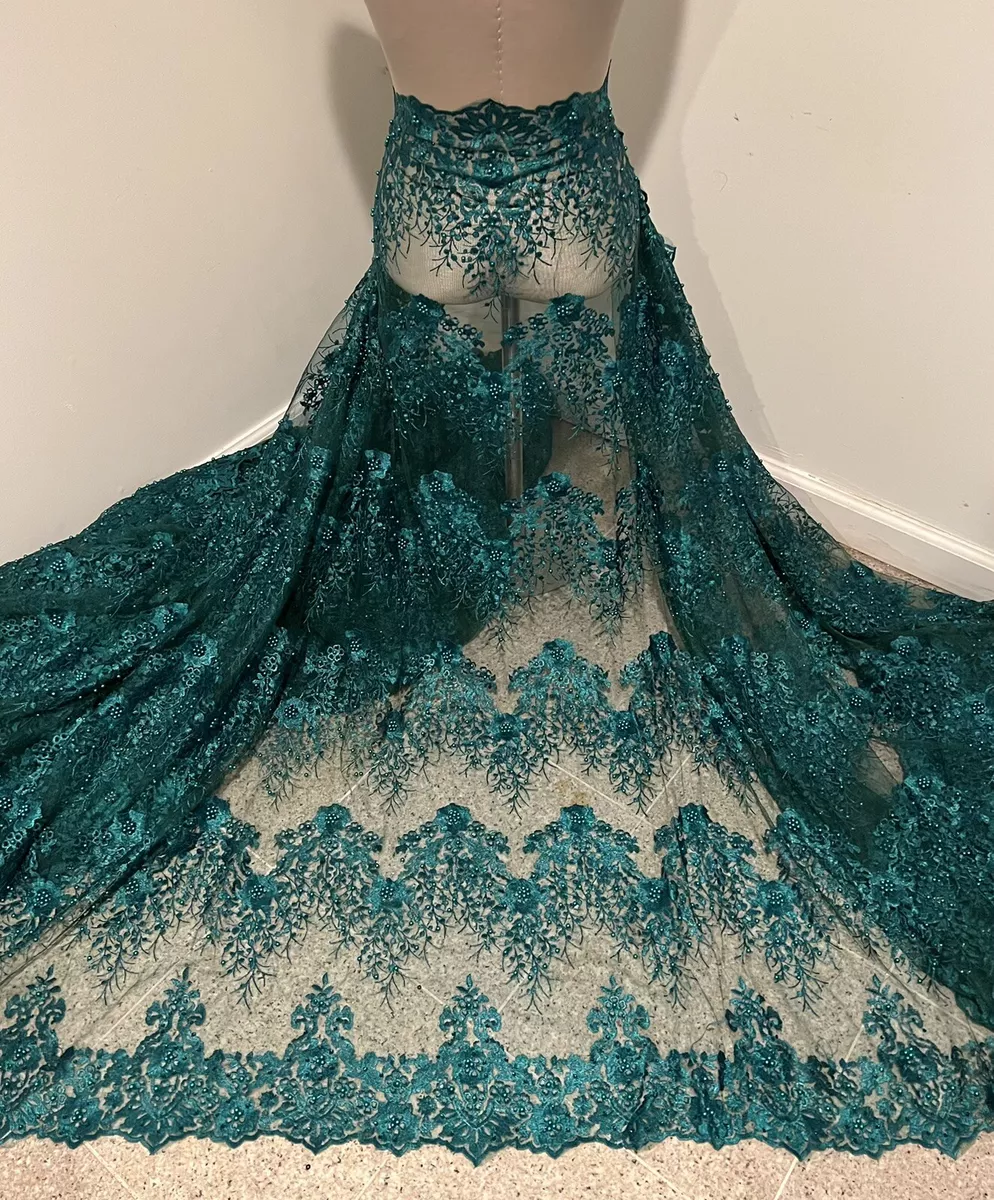 Teal Green pearl Beaded Embroidery bridal Lace Fabric 50 Width 1