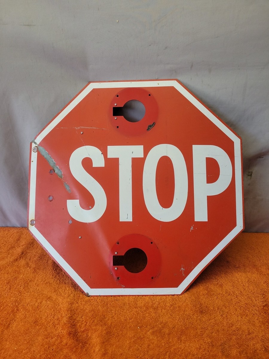 R•Vintage Obsolete School Bus Retractable Stop Sign Warning Metal
