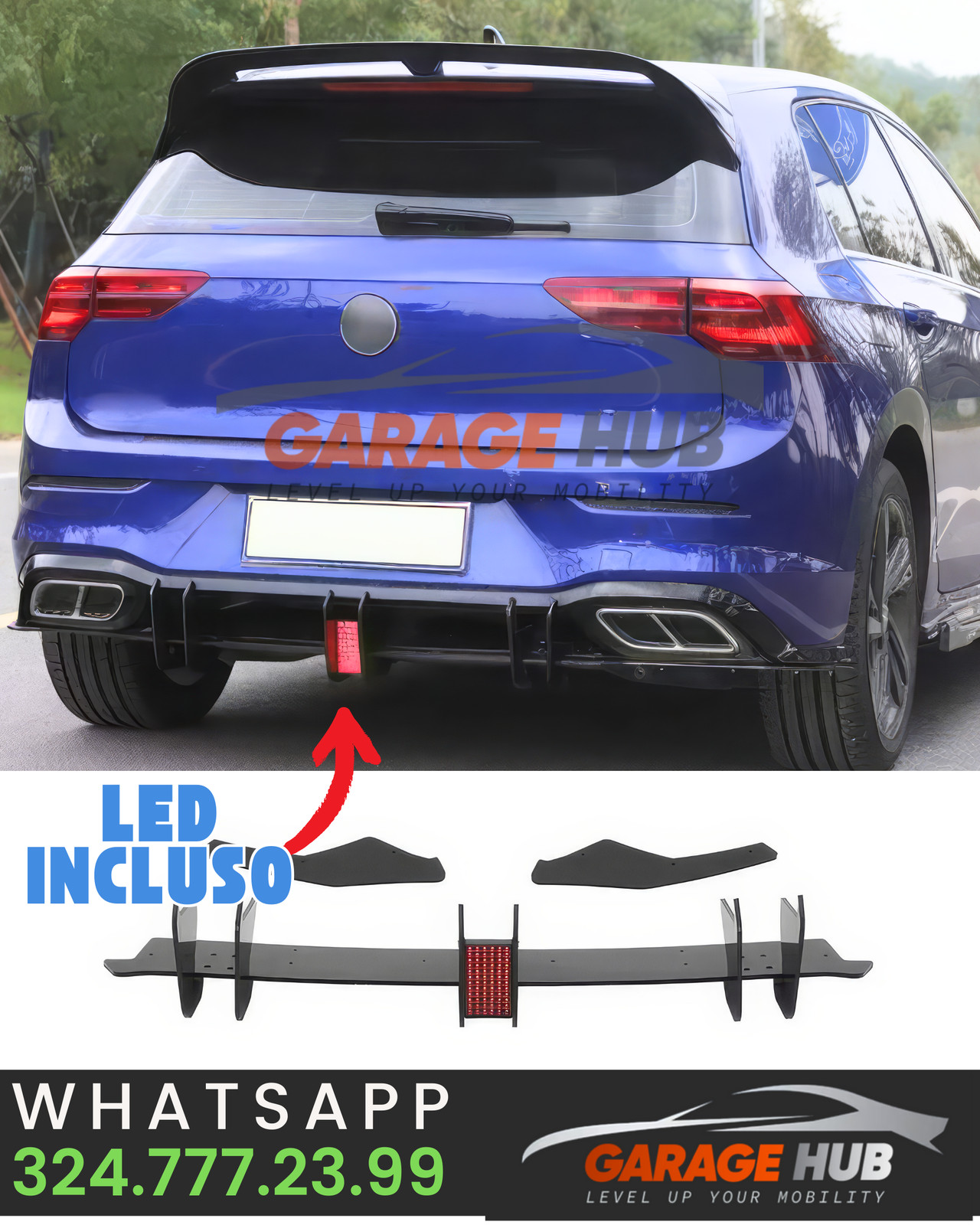 LAME Diffusore EVO X con LED POSTERIORE per VW GOLF 8 R-LINE Nero Lucido ABS
