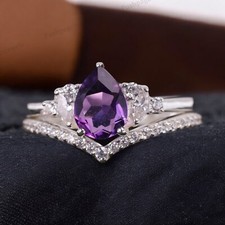 925 Sterling Silver 7x5 mm Pear Shape Natural Amethyst Ring Set Cubic Zirconia