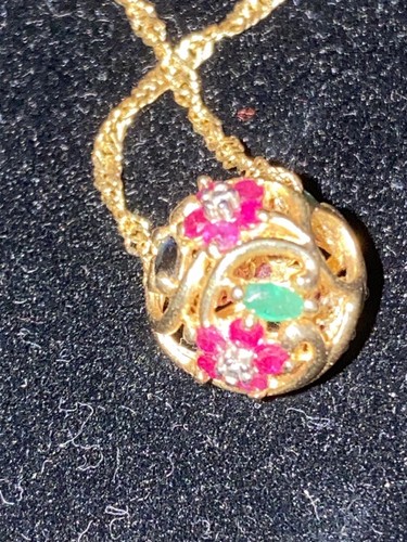 10K Yellow Gold Emerald Sapphire Ruby Flowers Ball Pendant On 24” 10K Chain - Picture 9 of 15