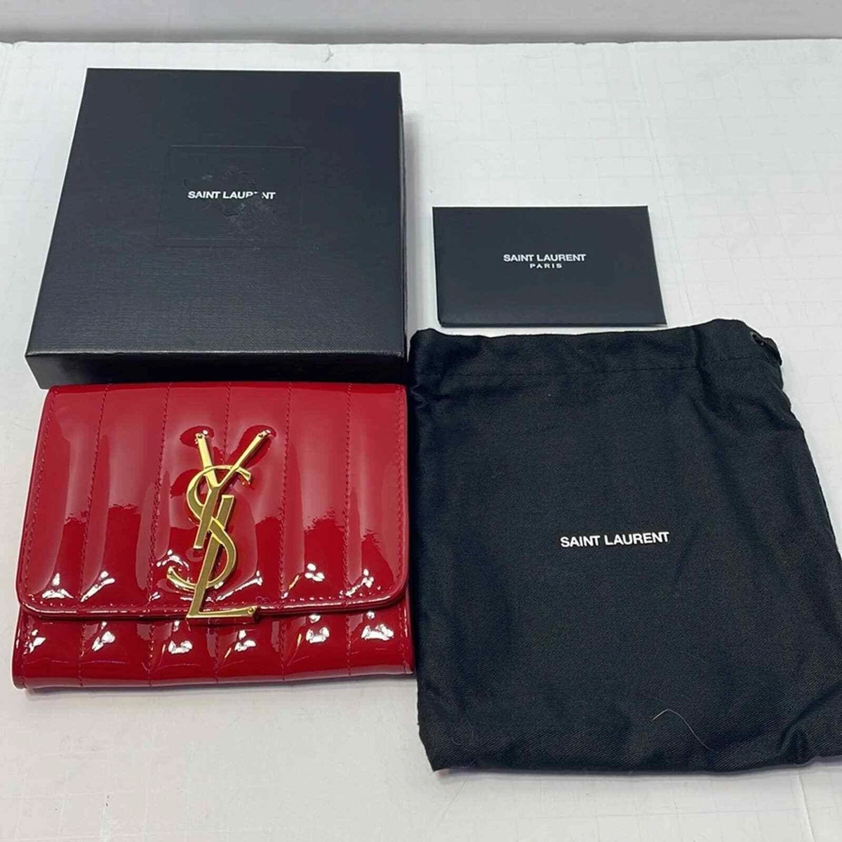 Authentic YSL Yves Saint Laurent Vicky red patent leather wallet box cards COA