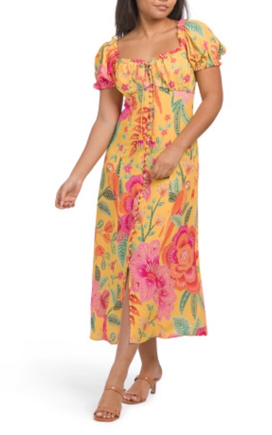 Farm Rio S Small Macaw Bloom Yellow Womens Dress Print Short Sleeve Midi  $235 196198168209| eBay
