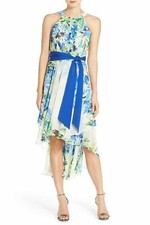 Eliza J Floral Print Chiffon High_Low Dress Petite Sz 8P Blue Print