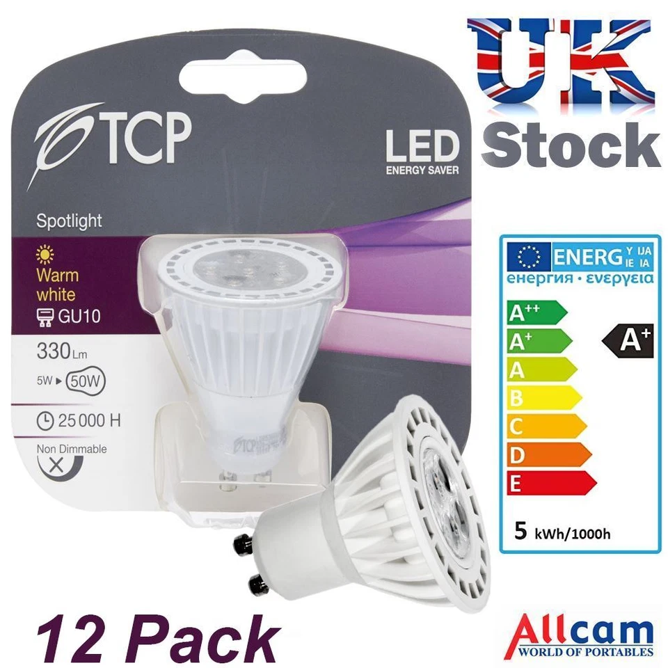 12pack TCP 5W GU10 LED Bulbs Energy Saving Warmglow 330lm~40W-50W Halogen Lights - Image 2 of 4