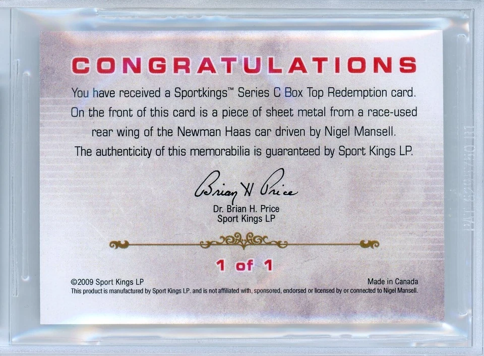 2009 SPORTKINGS BOX TOPPER - 1/1 RACE-USED NIGEL MANSELL MEMORABILIA! - BGS 9 - Image 2 of 2