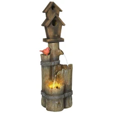 Outdoor Fountain with Birdhouse Cascading Garden Waterfall Bird Bath with 3-Tier