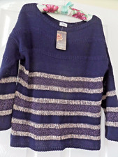 Lady's Jumper Size S/M Navy Blue with Gold nd Beige Thread Stripe Nina Murati