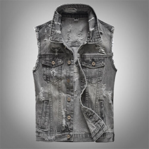 Gilet Biker En Jean Gris Pour Hommes Sans Manches Veste Tops Déchirée - Imagen 17 de 18