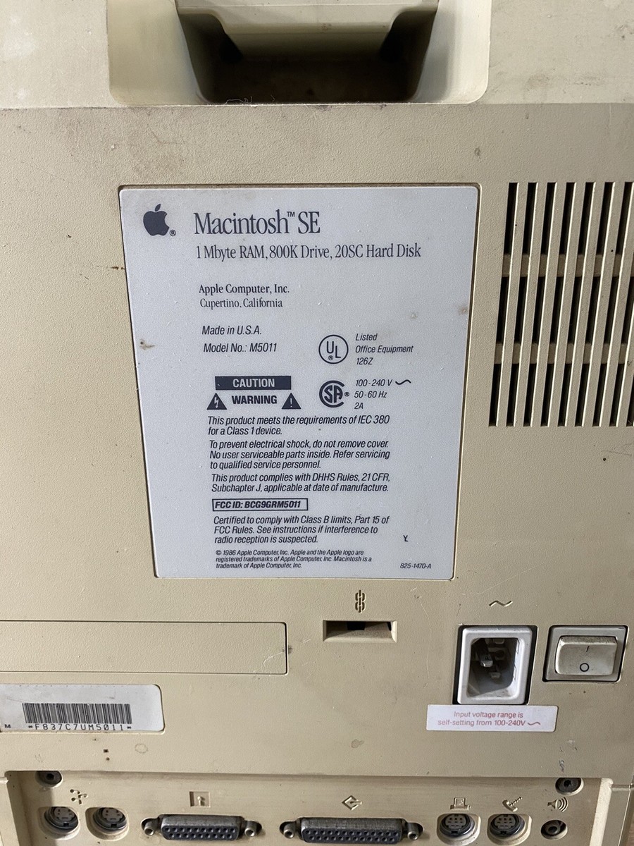 Apple Macintosh SE 1 MBYTE RAM 800K Drive 20SC Hard Disk Model