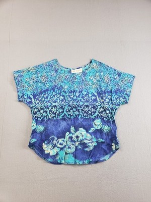 Just Clothes Women Top 8 Blue Floral Round Neck Dolman Sleeve Pullover Casual
