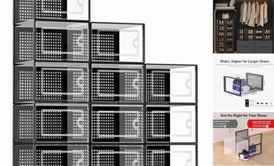 Kuject Shoe Storage Boxes Organizers Clear Plastic Stackable 12 X-Large Black