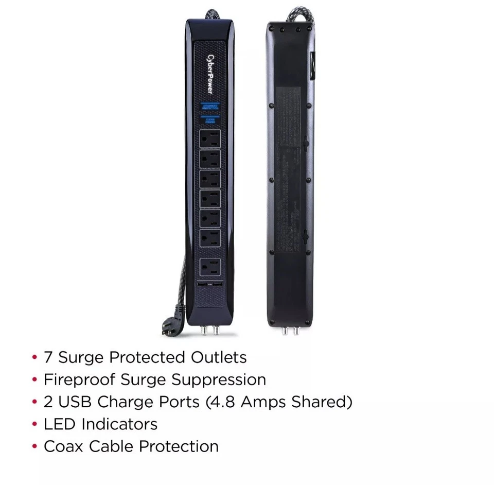 CyberPower 7 Outlet Surge Protector 6 Ft. Braided Cord (Black) - Image 3 of 4