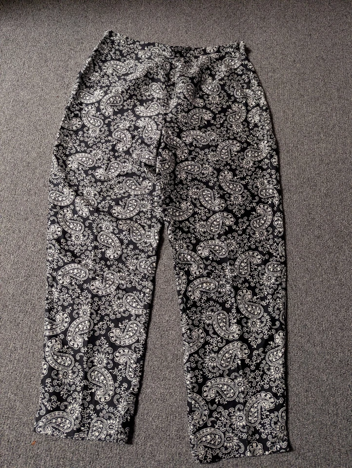 Calça Josephine Chaus Feminina Preta Branca Paisley 100% Seda Zíper Lateral Tamanho 10