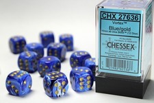 Chessex CHX27636 Vortex Blue/gold 16mm d6 Dice Block 12 Dice New