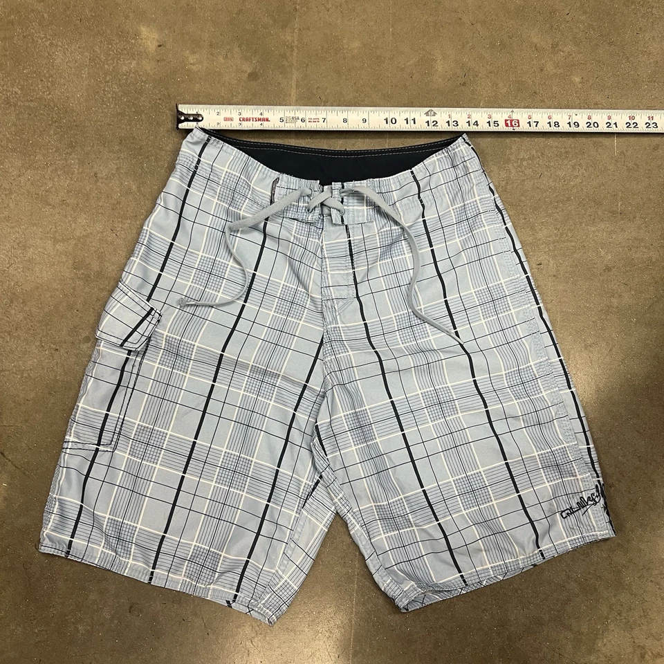 Bañador corto Quicksilver azul a cuadros tabla de surf talla 28 bolsillos cordón Foto 3 de 4