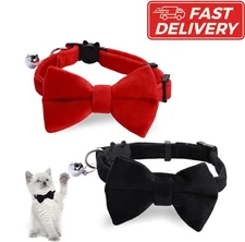 Velvet Cat Collar with 2 Bow Tie and Bell Adjustable Breakaway Kitten Puppy Coll