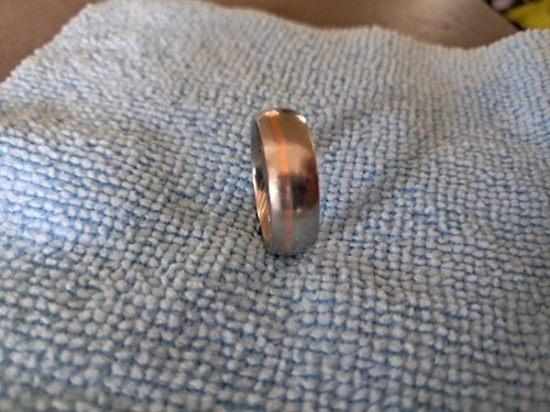 Lashbrook Designs 14k Rose Gold Inlayed Damascus Steel Ring. Size 8
