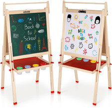 Adjustable Wooden Art Easel for Kids with Chalkboard, Paper Roll Accessories