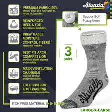 Alvada Merino Wool Hiking Socks Warm Thermal Boot Crew 3 Pairs Men Women L XL