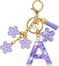 Resin Alphabet Initial Letter Keychain Tassel Flower Pendant Key Ring for Purse