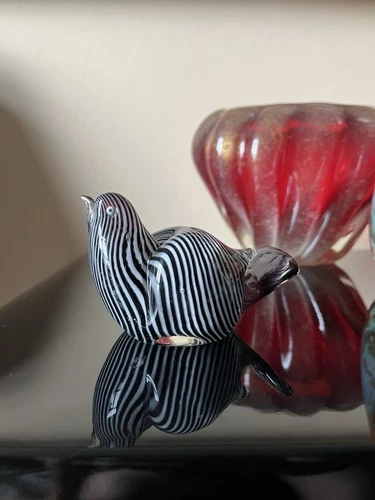 Vintage Dino Martens Striped Glass Bird Black & White Aureliano Toso Murano