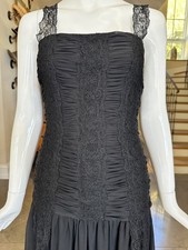 Oscar de la Renta Vintage Lace Accented Black Ruched Evening Dress