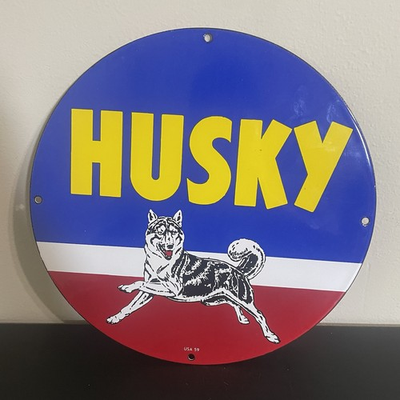 #ad VINTAGE HUSKY DOG GASOLINE MOTOR OIL PORCELAIN SIGN $50.00