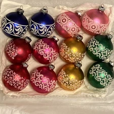 Shiny Brite Glass Ornaments Lot 12 Complete Set Stenciled Glitter 1960s USA