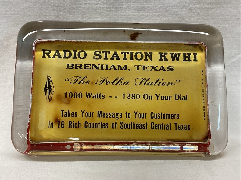 Vintage Radio Station KWHI Brenham Texas The Polka Station Glass Paperweight 