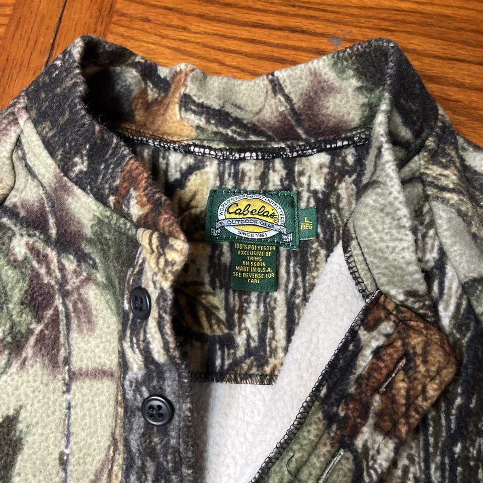 Cabelas 1/4 Zip Green Camo Hunting Fleece Size Large Sherpa Lined USA Made - Image 2 of 4