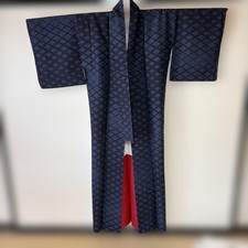 Boro Japanese Kimono Aged Textile Robe Navy Blue Geometric Pattern Fabric Japan