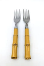 Vtg Cambridge Plastic Ochre Bamboo Handle (2) Salad Forks Flatware TIKI Tropical