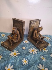 Vintage Maitland Smith Style Gilded Bellhop Monkey Reading A Book Resin Bookends