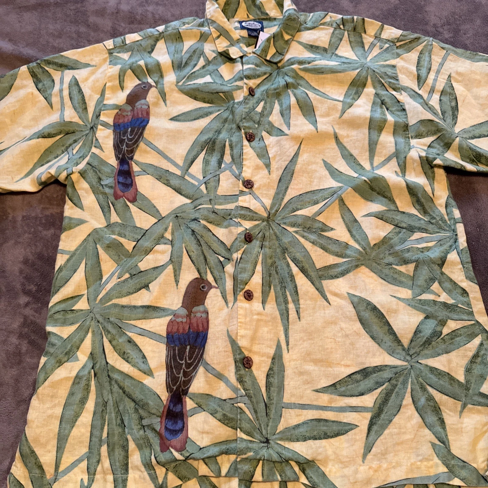 Tommy Bahama Shirt Mens Large Tropical Bird Green Yellow Floral Linen