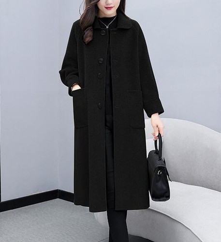 Women Woolen Mid Length Coat Lantern Sleeve Button Jacket Elegant Trench Outwear - Bild 6 von 17