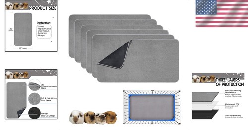Premium 6 Pack Guinea Pig Cage Liners - Leakproof Anti-Slip Fleece Bedding - Picture 2 of 9